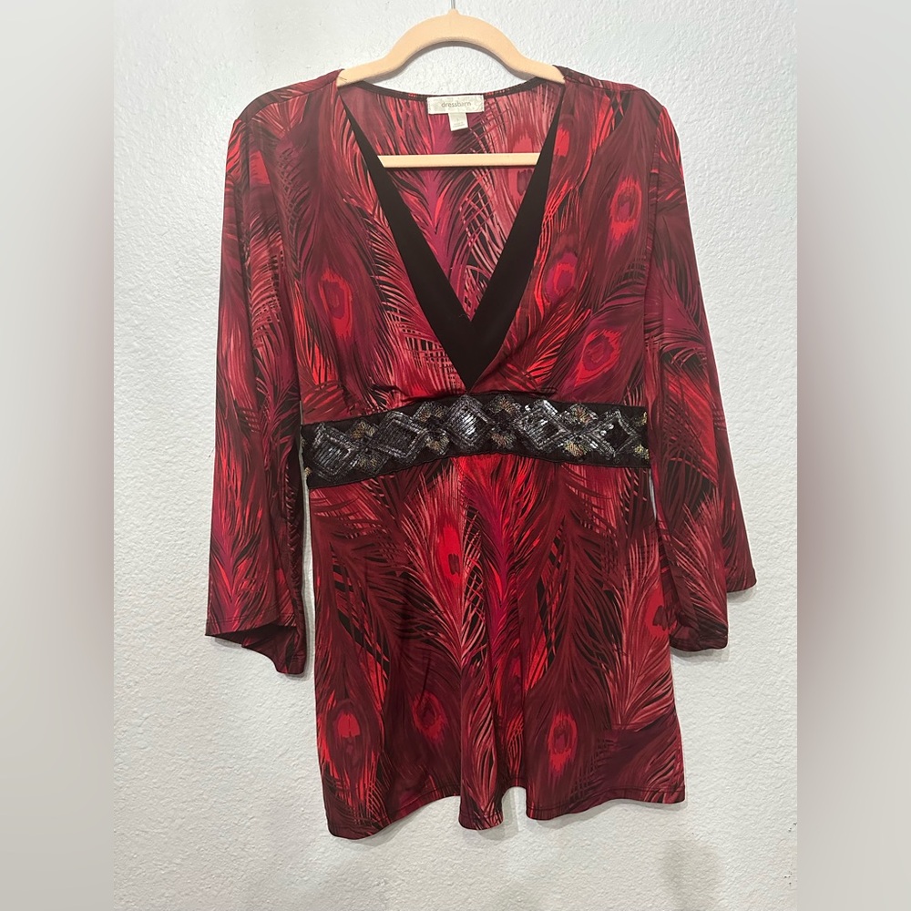 EUC Sz L Dressbarn Red and Black Feather Pattern Dress